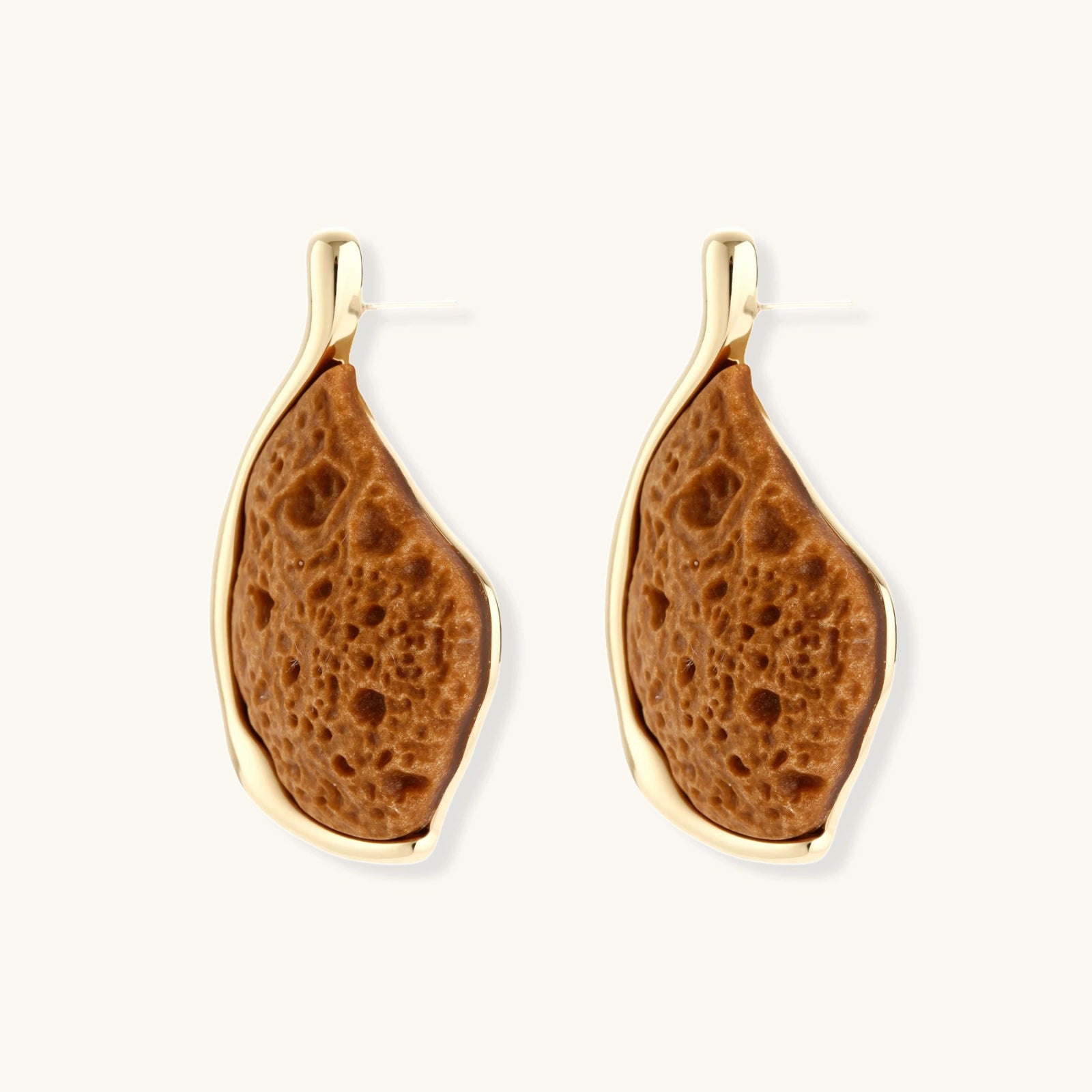 Textured brown resin drop earrings with gold-toned zinc alloy frames and sterling silver posts on white background.