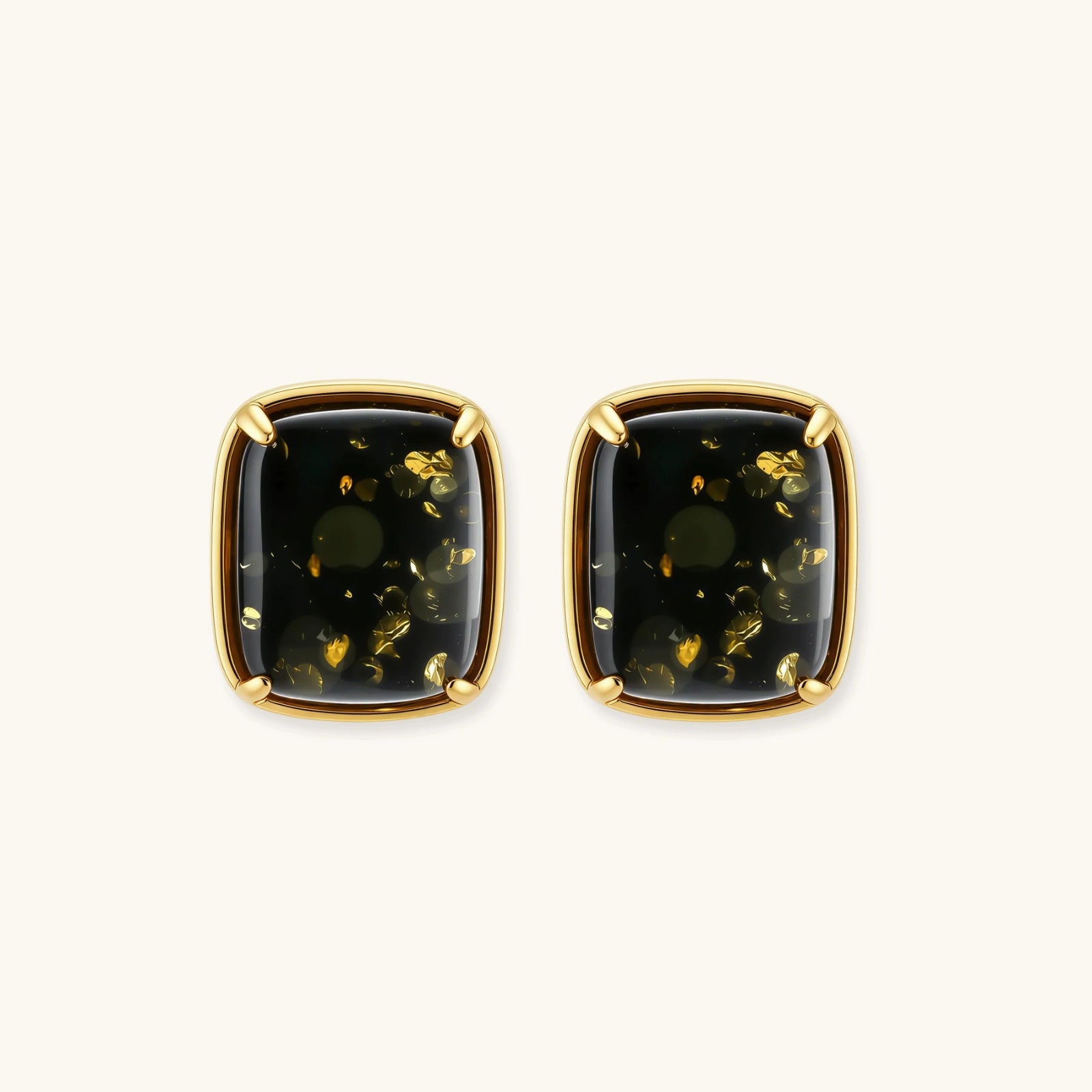 Elegant cushion-cut green amber earrings with golden inclusions in 18K gold-plated sterling silver settings.